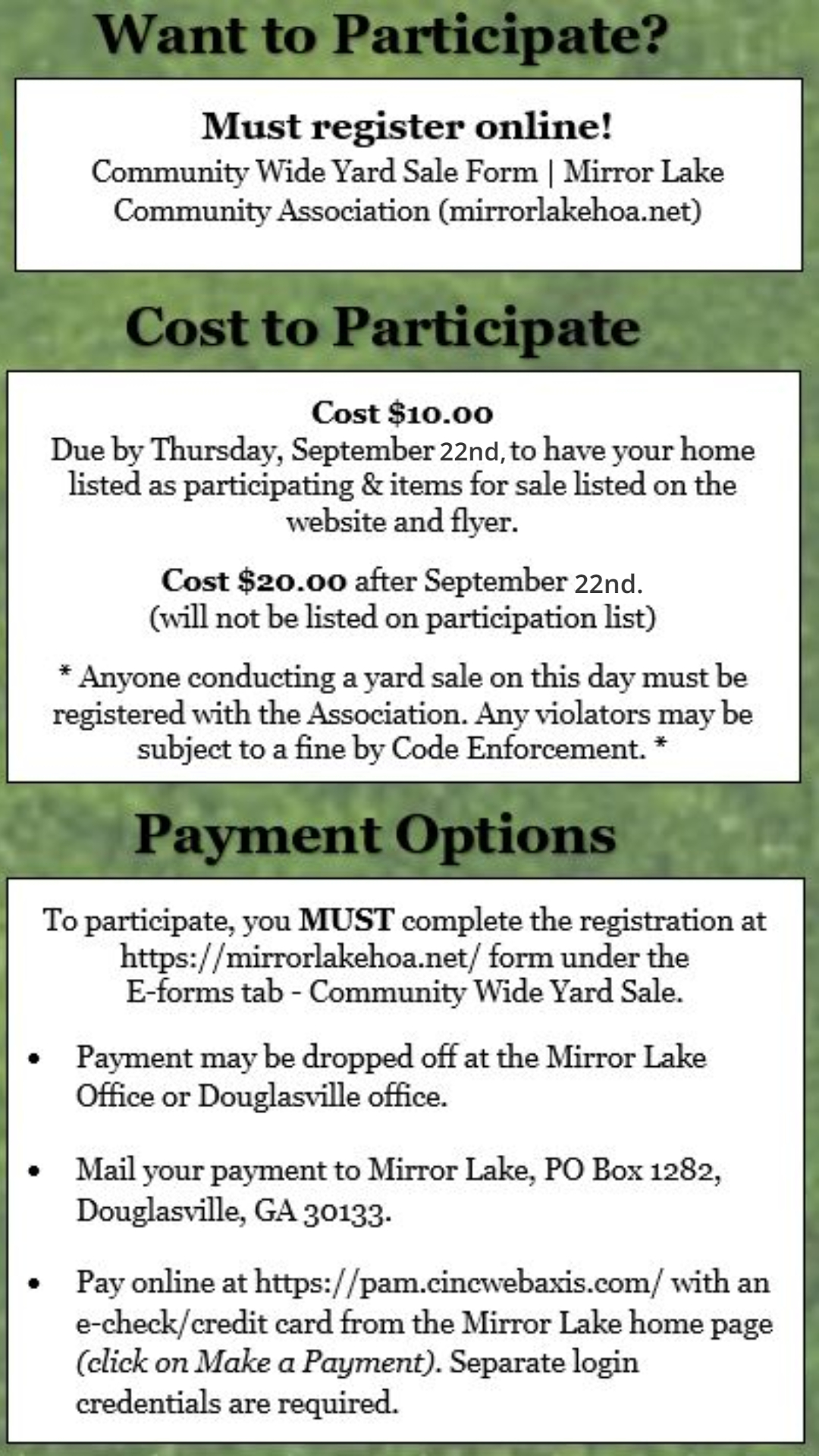 Community Wide Yard Sale Mirror Lake Community Association